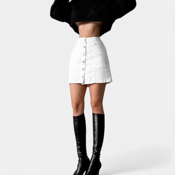White H&M Button Front High Waisted Denim A-Line Mini Skirt Size XS/S - Picture 2 of 7
